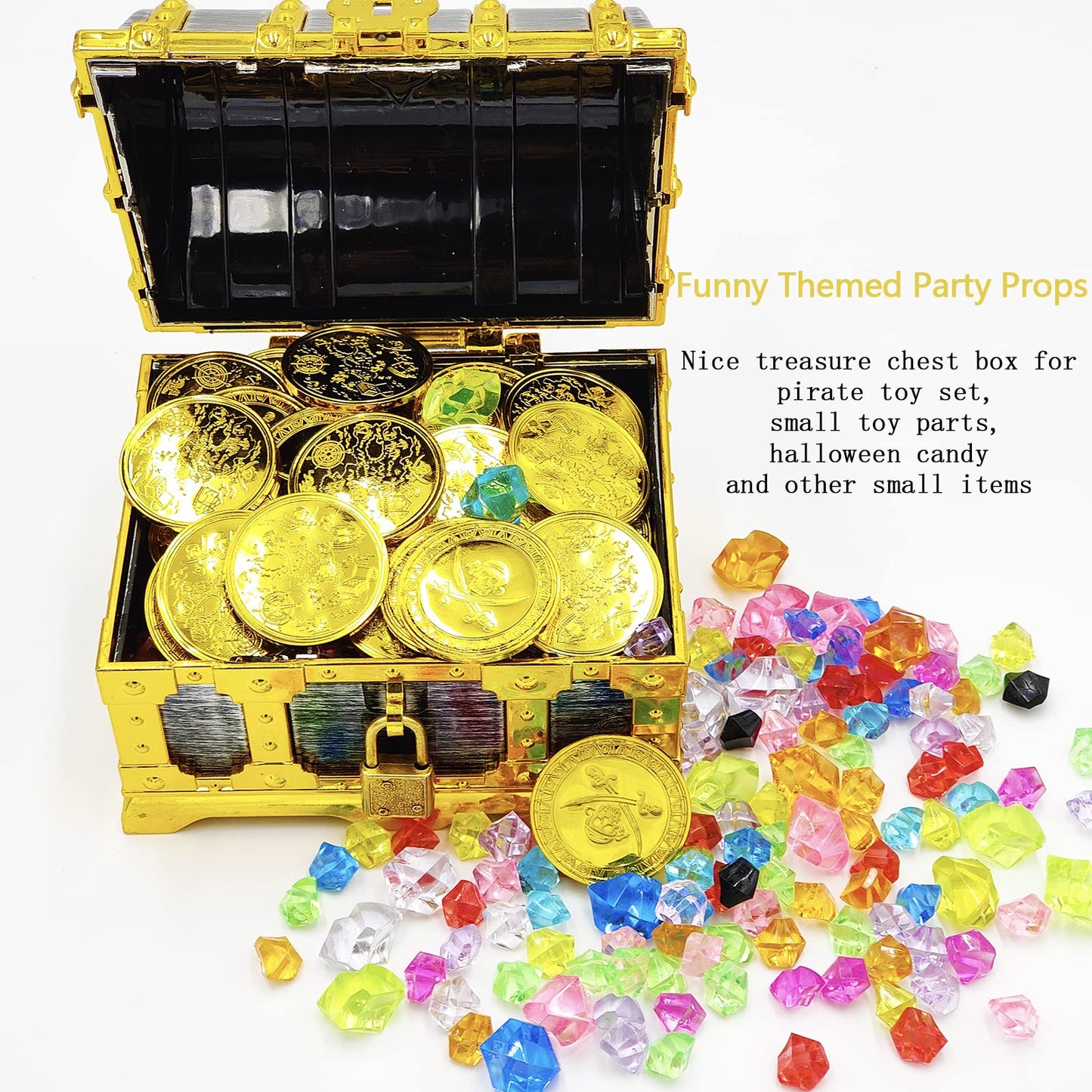 Kids Golden Frame Pirate Treasure Chest With Lock And Key, Treasures Collection Storage And Decorative Box For Kids Birthday Pir