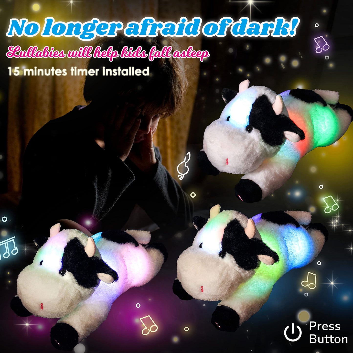 Cuteoy Musical Plush Cow Stuffed Animal Soft Glowing Led Light-Up Nightlight Toys Singing Lullabies Birthday Christmas Plushies Gifts For Kids Boys Girls,15.5'