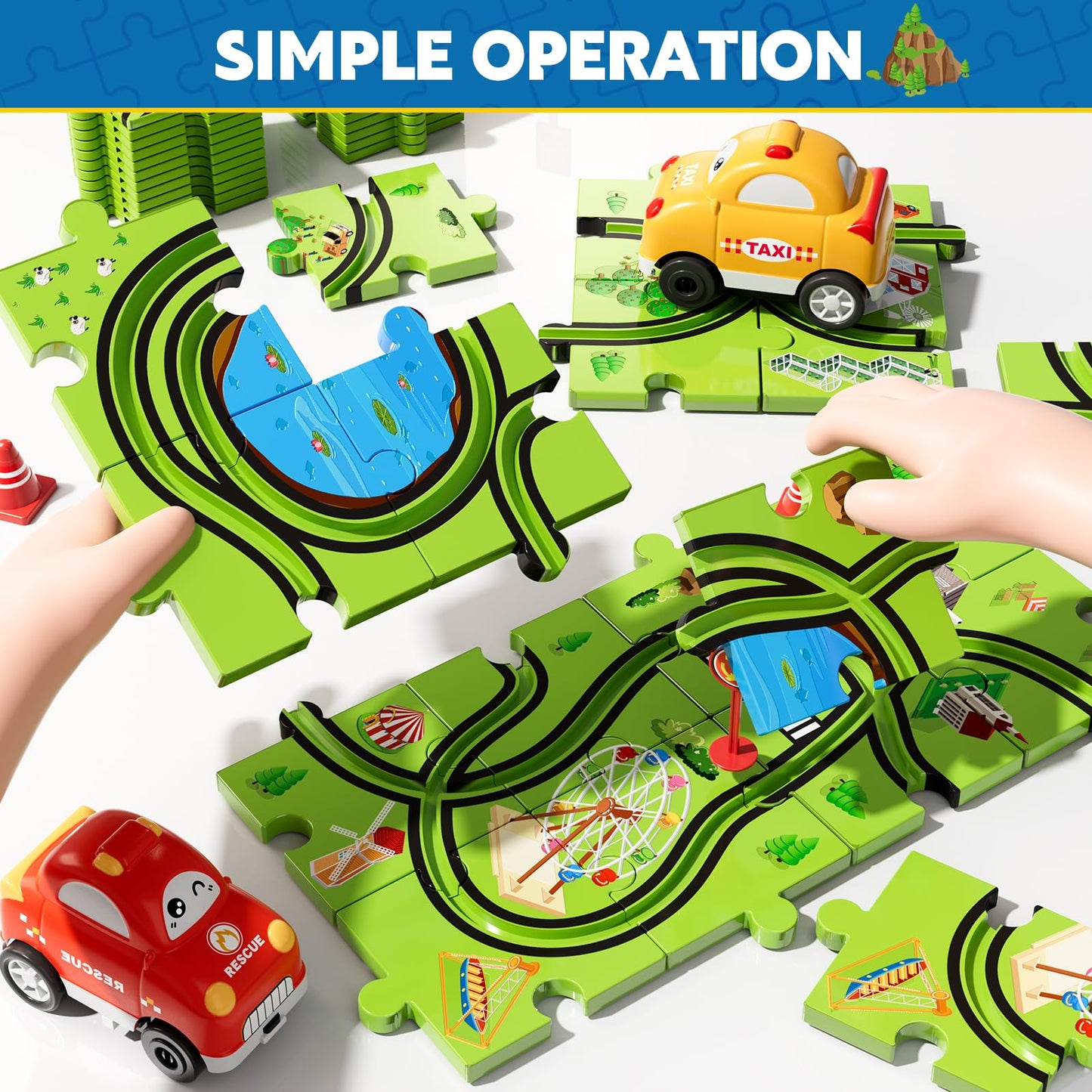 Beby Buty 64 PCS Puzzle Race Track Car Set - Green Plastic Toys for Kids 3-6 Years, Ideal Birthday Gifts for Boys