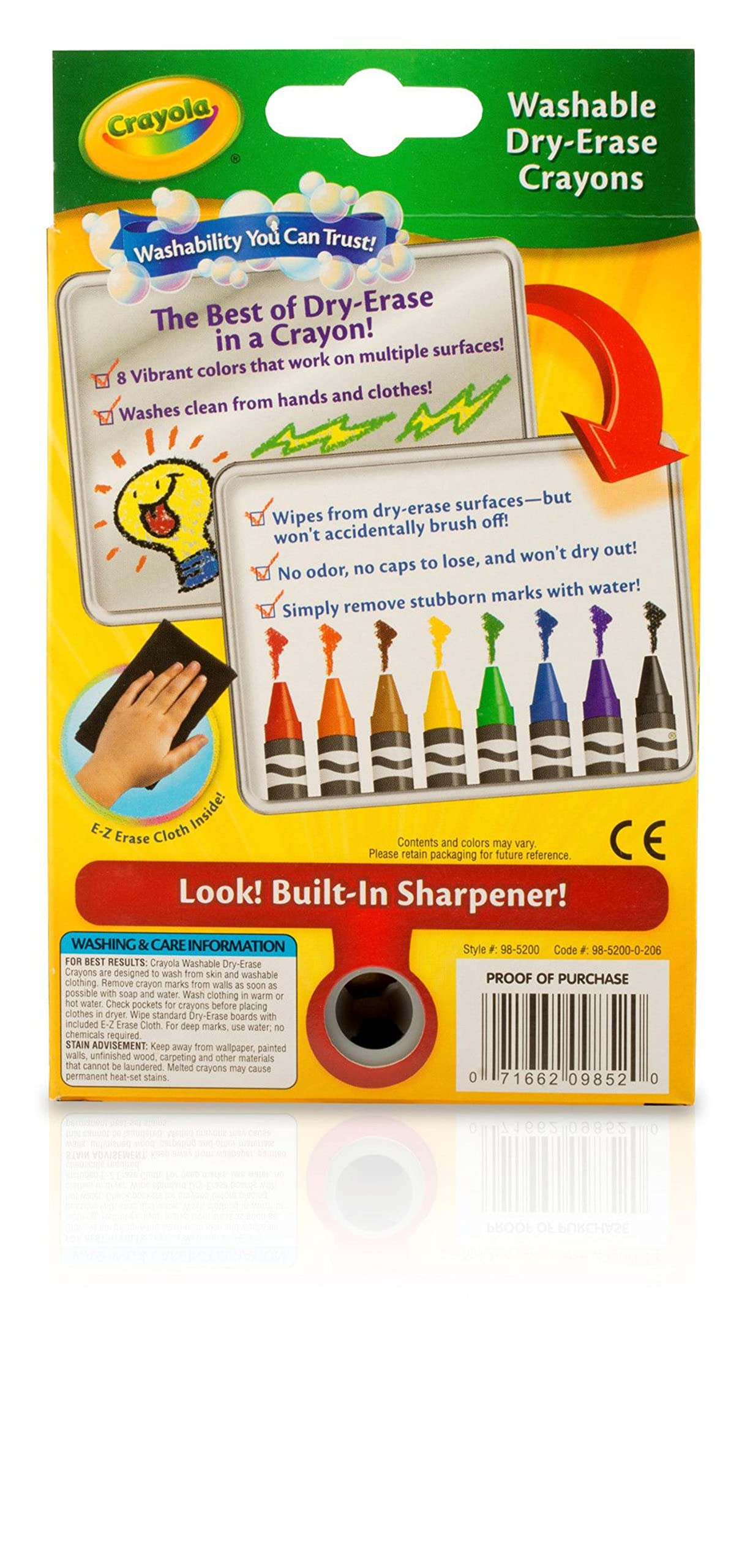 Crayola Washable Dry Erase Crayons (8ct), Includes Eraser Mitt & Sharpener, Classroom Supplies for Teachers