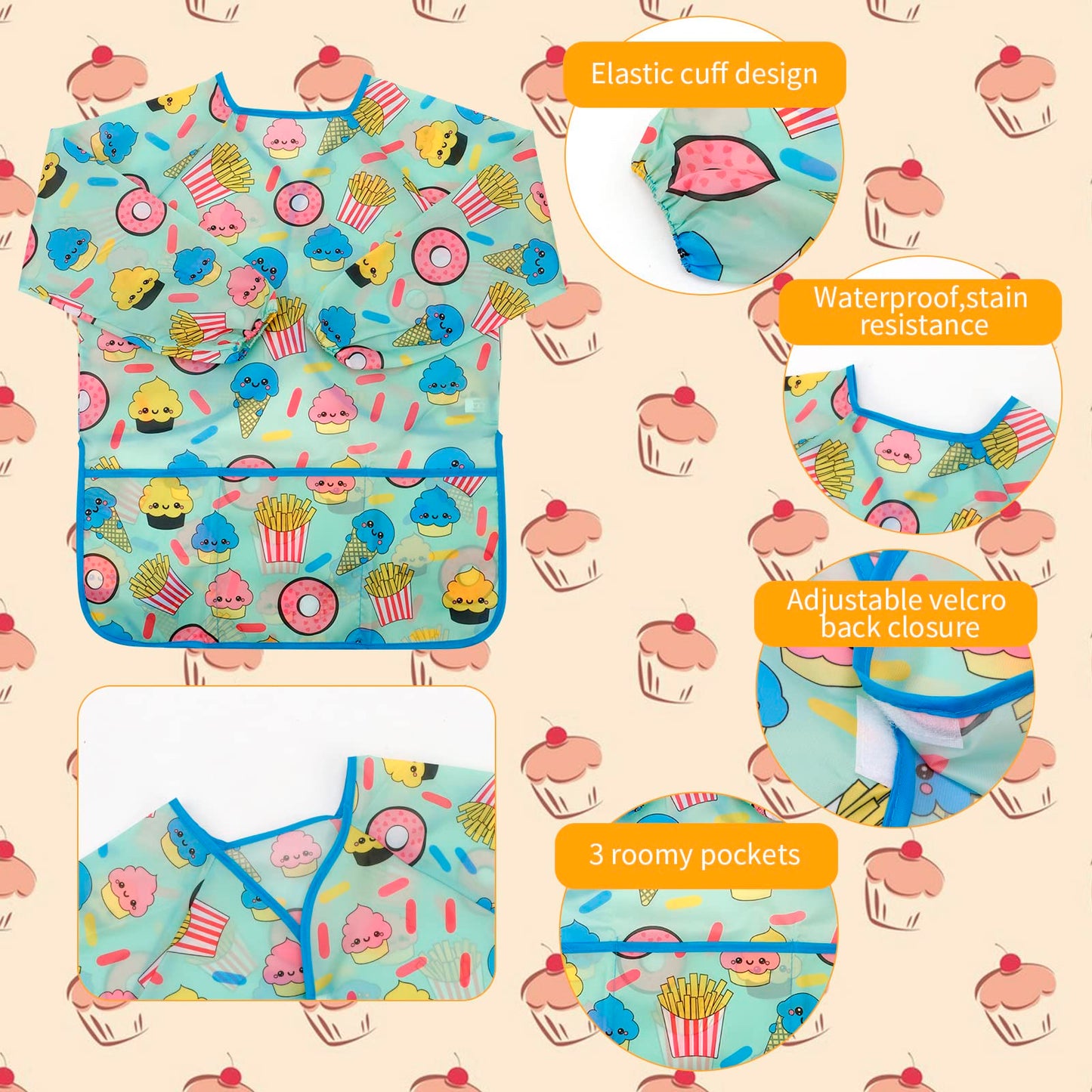 Cubaco 2Pcs Artist Smocks Kids Apron For Painting, Children Smocks With Dessert Pattern, Art Smocks For Kids 3-5 Years Paint Smo