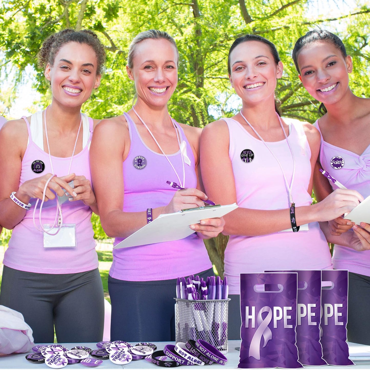 Supervitae 200 Pcs Purple Ribbon Awareness Accessories, Include 50 Purple Ribbon Gift Bags 50 Purple Awareness Wristband 50 Purp