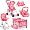 Dolls To Play Baby Doll Stroller Bed and Seat Nursery Playset, Accessories Furniture Set High Chair Diaper Bag Role Play Deluxe