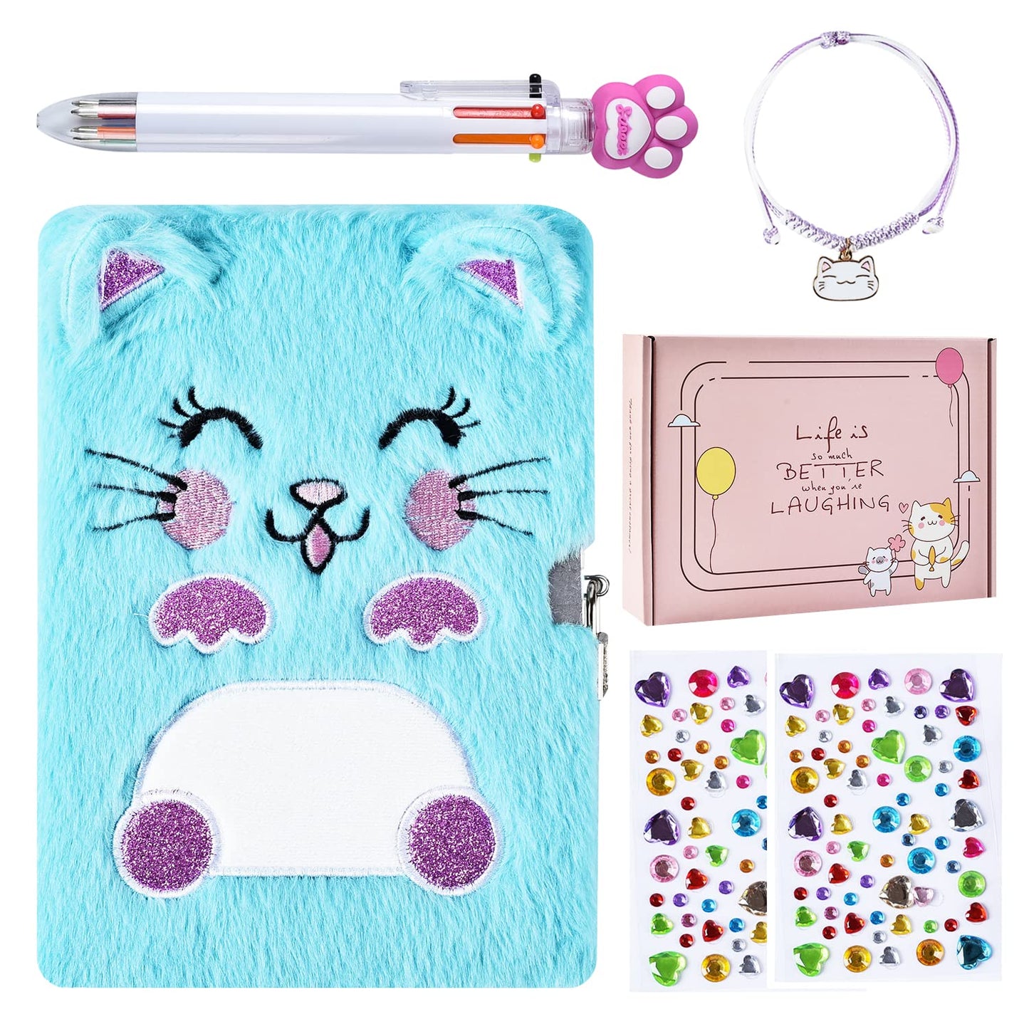 Diary For Girls With Lock And Keys, Kids Journal Travel Notebook For Writing, Cute Secret Dream Diary With Multicolored Pen, Stickers, Bracelet, Practical Gift For Birthday, Christmas (B Smile Cat)