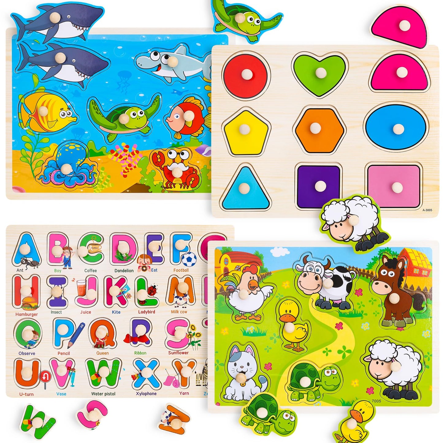 Wooden Peg Puzzles For Toddlers 2 3 4 Year Old, 4 Pack Montessori Toys Preschool Learning Puzzles For Toddlers 1-3 With Animals,