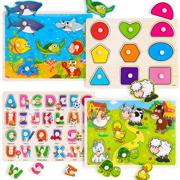 Wooden Peg Puzzles For Toddlers 2 3 4 Year Old, 4 Pack Montessori Toys Preschool Learning Puzzles For Toddlers 1-3 With Animals,
