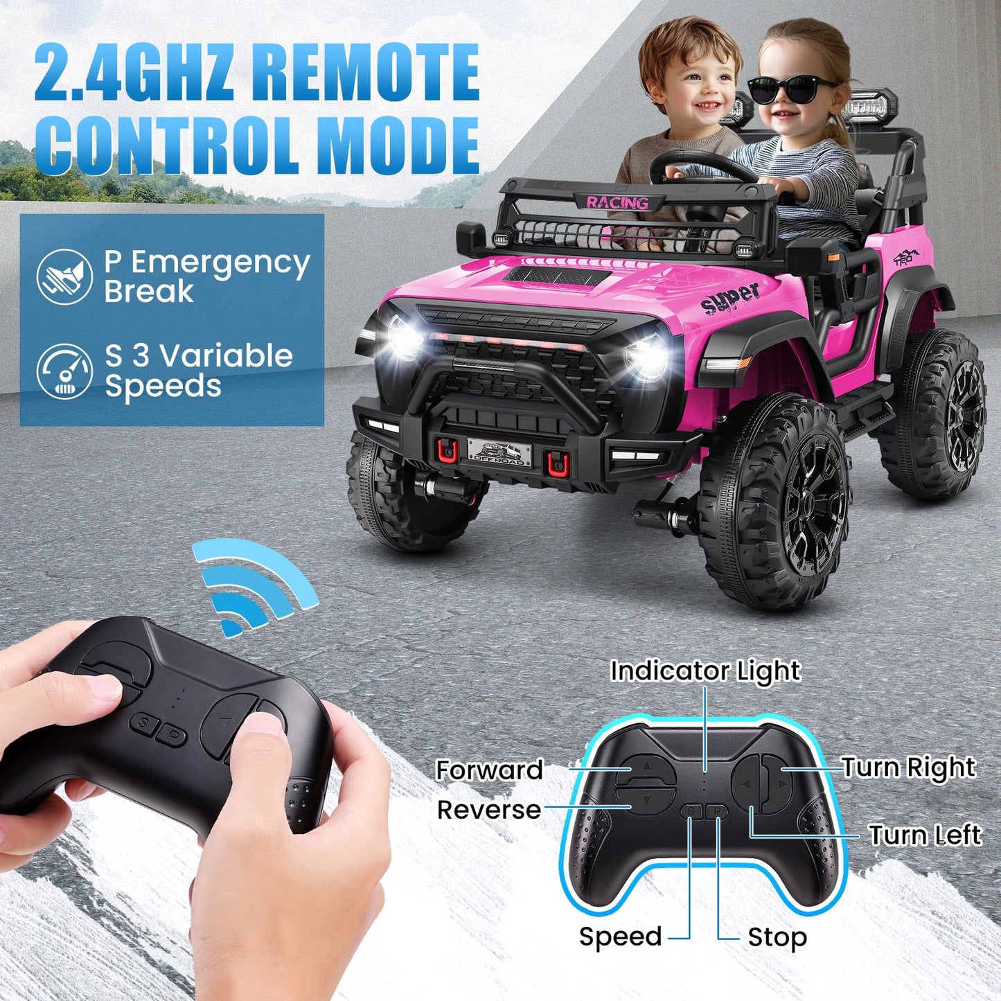 Hikole 24V Ride On Car With Remote Control, 2 Seater Electric Car For Kids W/20 Inch Wide Seat, 4X100W Motor, Led Headlight & Mu