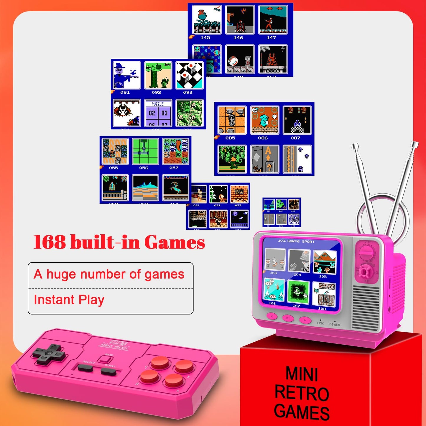 Easegmer Retro Handheld Game Console With 168 Classic Games, Mini Tv Style, 3.0'' Screen, Av Output, 2 Player Support, Rechargea