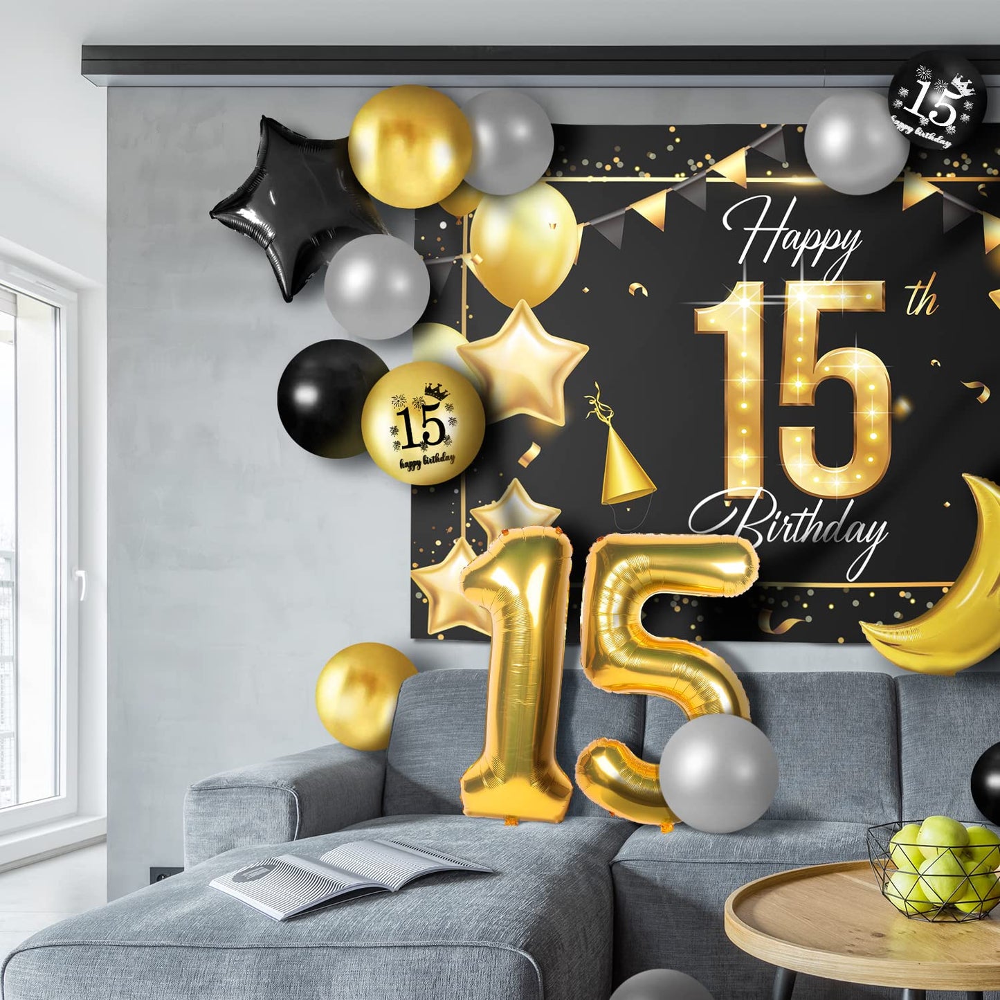 Happy 15Th Birthday Balloons Gold Set Decor - Cheers To 15 Years Old Party Theme Garland Star Moon Banner Backdrop Decorations F