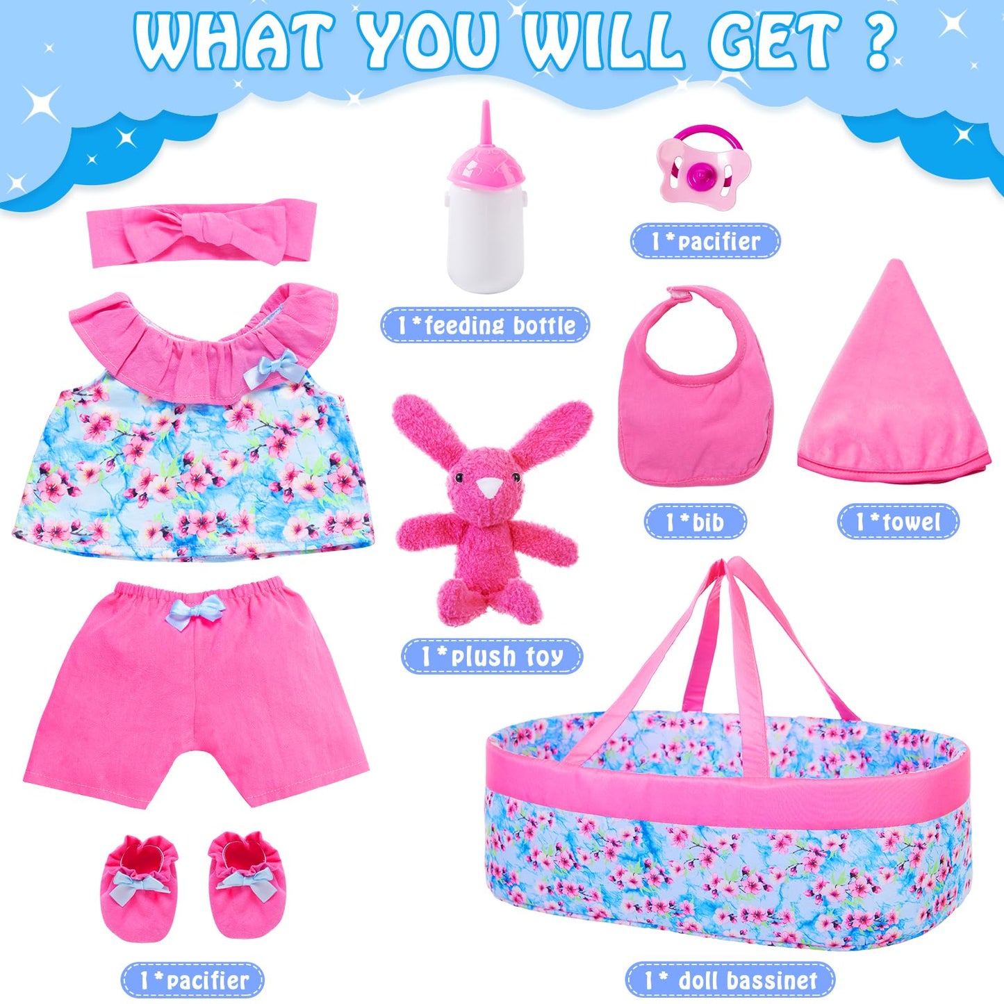 Ecore Fun 10 Pcs Baby Doll Clothes With Bassinet For 17-22 Inch Baby Dolls, Baby Doll Clothing Outfis Accessories Fit 17'-22' Baby Doll Reborn Doll