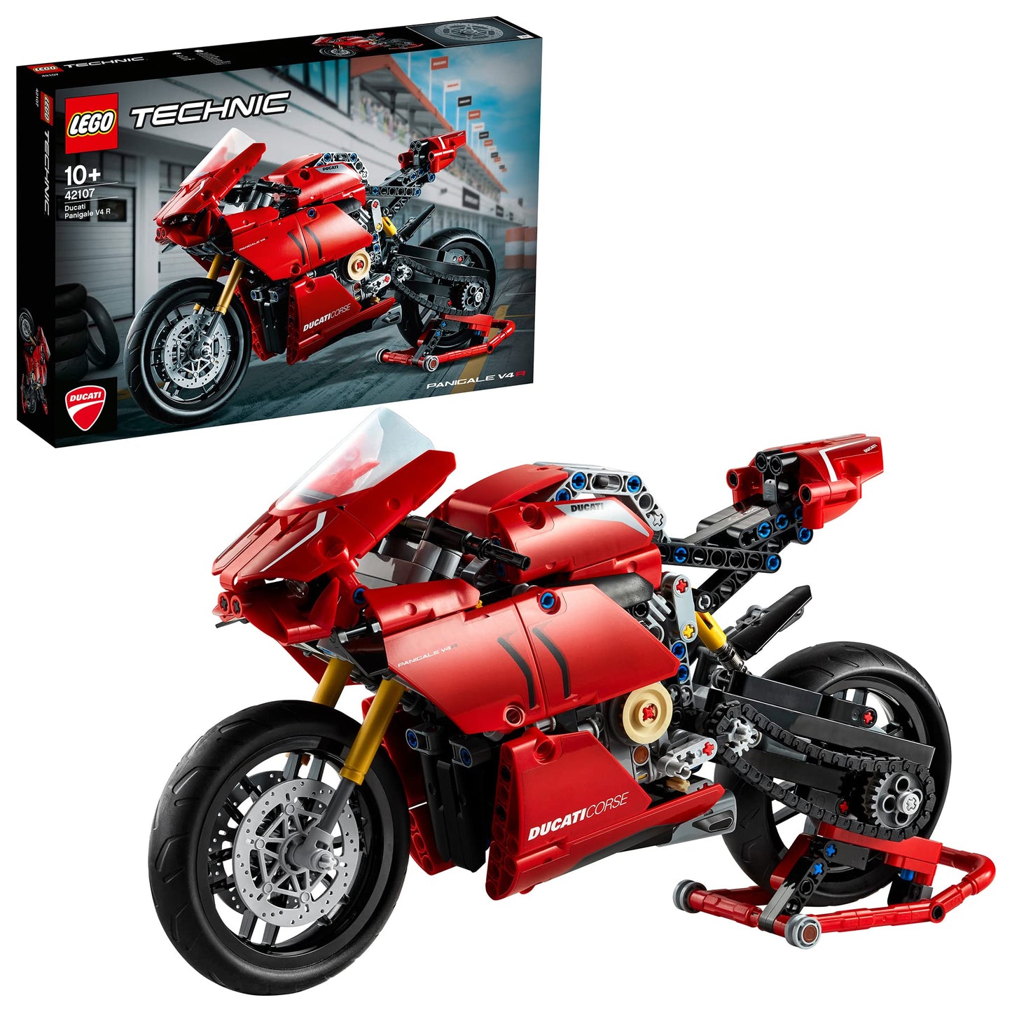 Lego 42107 Technic Ducati Panigale V4 R Motorbike, Collectible Superbike Display Model Building Kit With Gearbox And Working Suspension, Gift Idea, 10 Year +