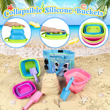 TSDATOWR Collapsible Beach Buckets for Kids, Foldable Sand Buckets and Shovels with Mesh Beach Bag, Silicone Beach Sand Pails fo