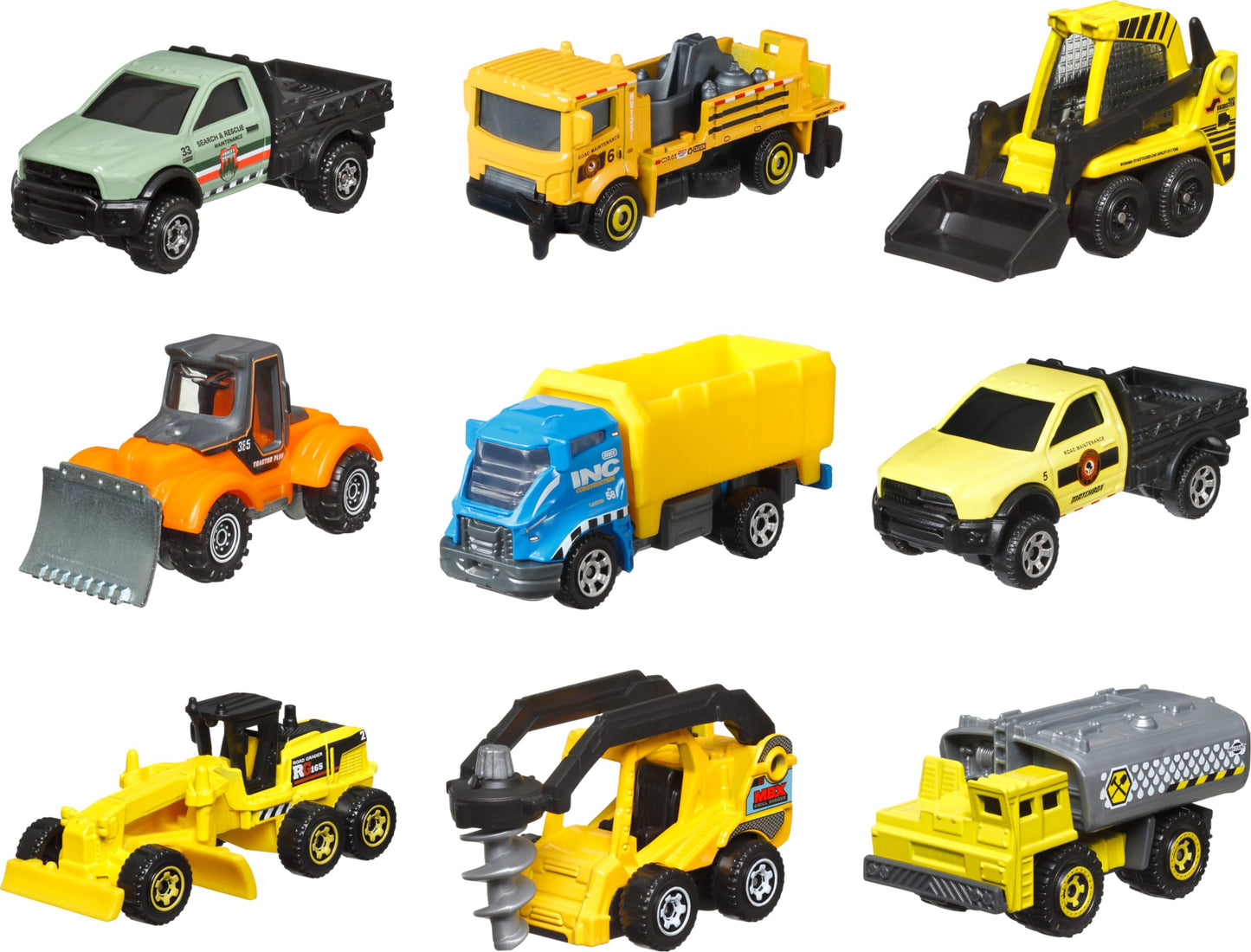 Matchbox Cars 9-Pack of 1:64 Scale Toy Construction Vehicles, Multipack of Realistic Trucks, Collectible Set