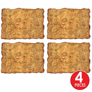 Beistle 4 Piece Plastic Adventure Treasure Maps for Pirate Theme Favors, Birthday Party Games