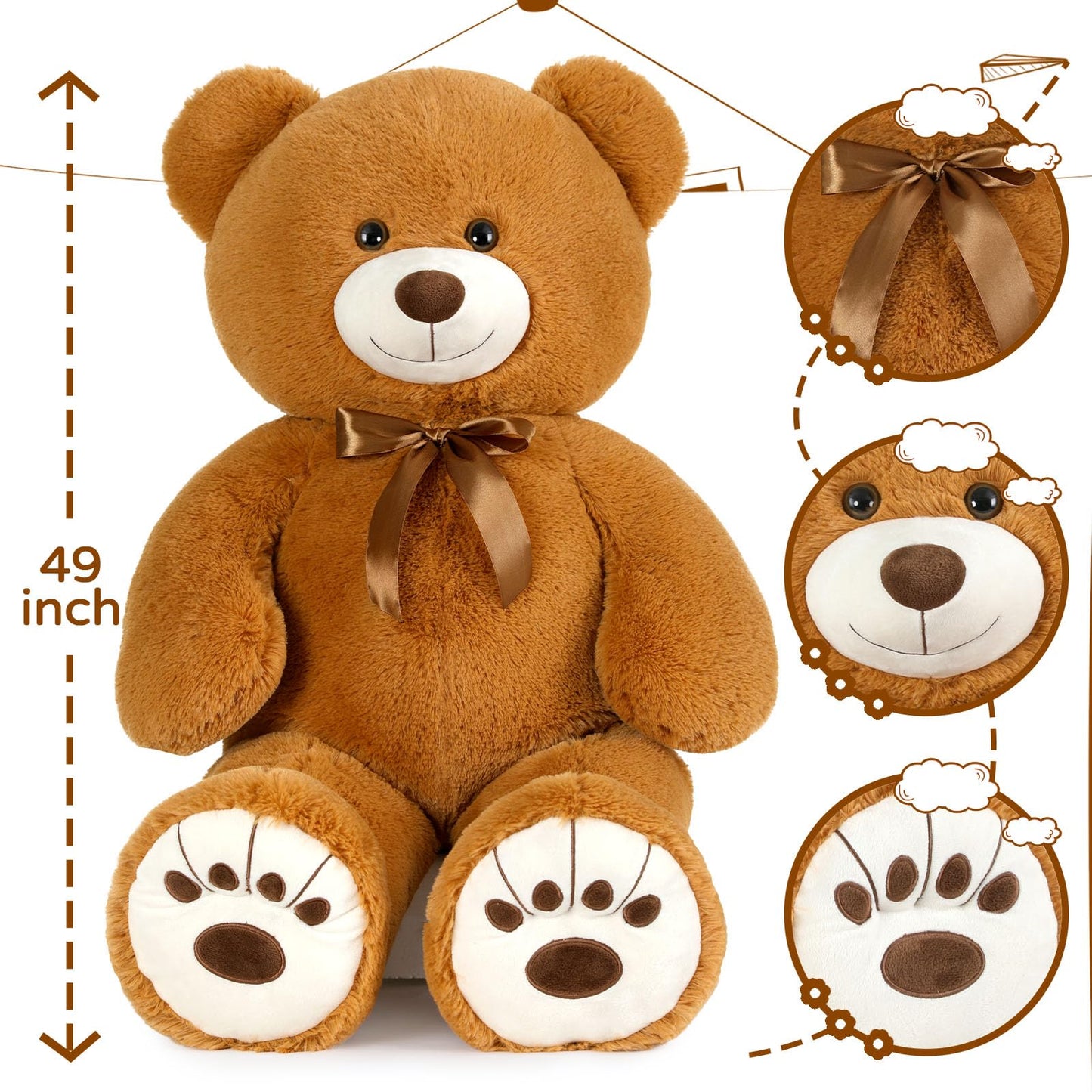 Muiteiur 49 Inch Giant Teddy Bear Stuffed Animal, Big Bear Plush With Big Footprint, Great Gift For Party Decorations (Brown)
