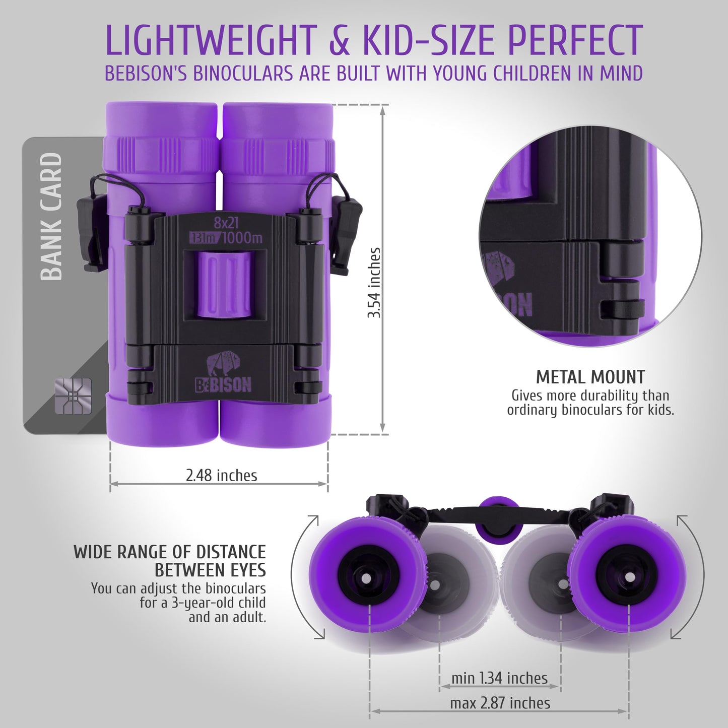 Scotar BeBison Binoculars - 8x21 High Resolution, Compact, Shockproof, Purple - Ideal for Kids & Adults, Bird Watching & Outdoor Play
