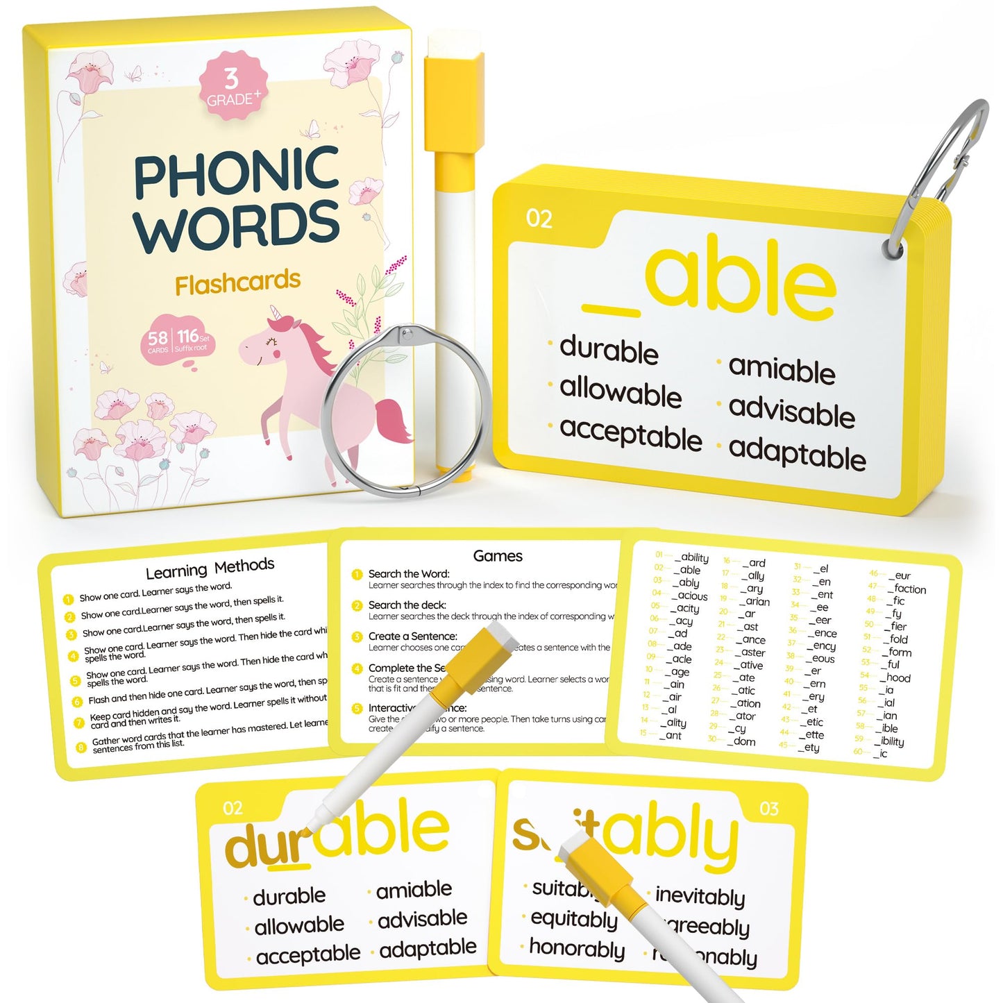 Wjpc 116 Set Phonics Suffix Words Flash Cards,Sigh Words Flash Cards, Phonics Flash Cards For 7,8,9,10,11,12 Years 2Nd, 3Rd, 4Th, 5Th Grade Boys&Girls&Kids Learning Writing Reading