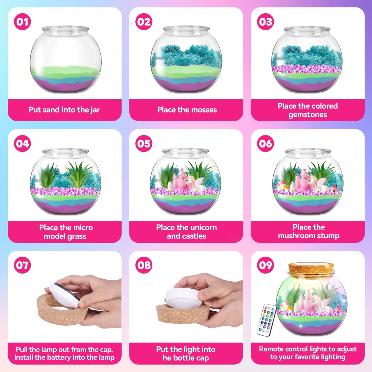 Vigorfun Unicorn Terrarium Kit For Kids - Creative Led Night Light Gifts For Girls Birthday Age 3+, Diy Arts & Crafts Light Up K