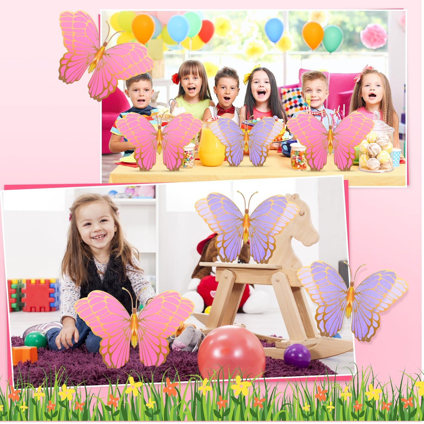 Wettarn 20 Pcs Butterfly Centerpieces For Tables Butterfly Party Decorations 3D Golden Butterfly Table Toppers Centerpiece For Girl Party Birthday Baby Shower (Pink, Purple,12 X 9 In,10 X 7 In)