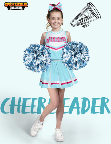 Spooktacular Creations Halloween Girl Cheerleader Costume Celeste and Pink Cheer Uniform Set Cute Cheerleading Outfit with Accessories for Halloween Dress-Up High School Themed Party(L 10-12yrs)