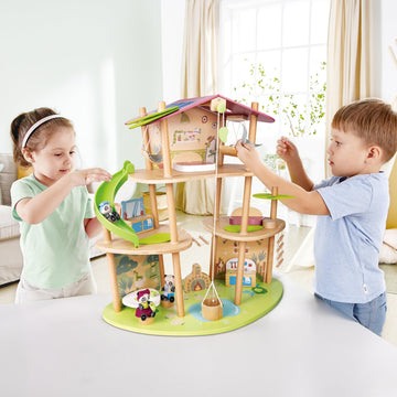 Hape Pandas Bamboo House, Green Planet Explorers | Educational Toy Doll House with Furniture, for Children Ages 3+ Years