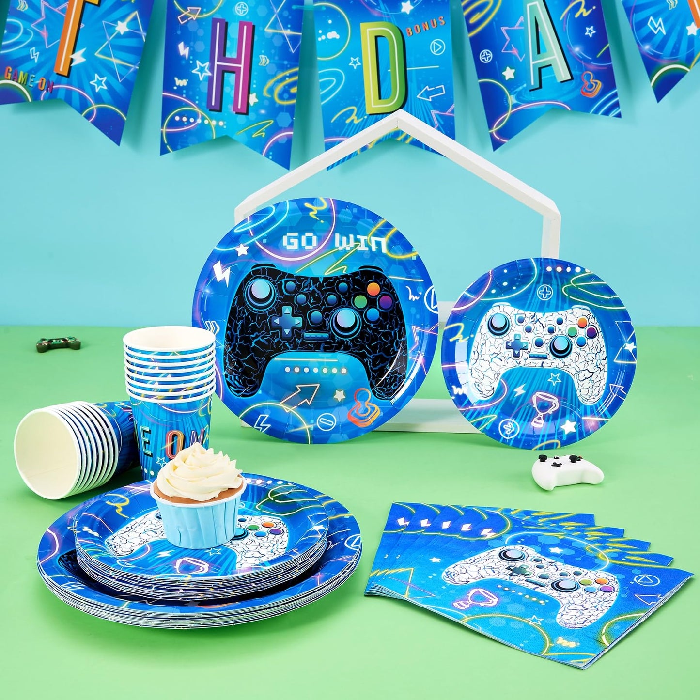 Wernnsai Blue Video Game Party Paper Plates Cups Napkins - 64 Pcs Gamer Birthday Party Decorations For Boys Gaming Night Tableware Set Disposable Dinner Dessert Plates Napkins Cups Serves 16 Guests