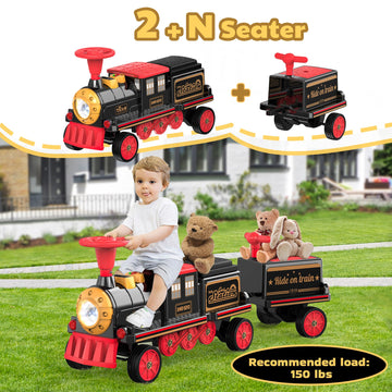 ANPABO Ride On Train Set Trackless, Include 1 Locomotive and 1 Carriage, 12V Kids Car with Height-Adjustable Seat, Extra Storage