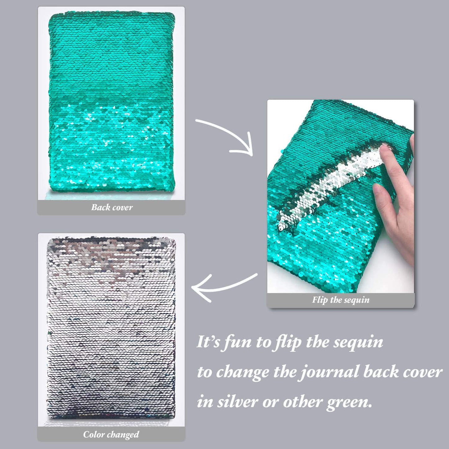 Sequin Girls Journal For Kids, 8.5X5.5 Inches 160 Lined Pages Diary For Girls Mermaid Reversible Flip Sequence Notebook For Teenage Pre School Writing Drawing Travel Gifts (Jellyfish Green-Sliver)