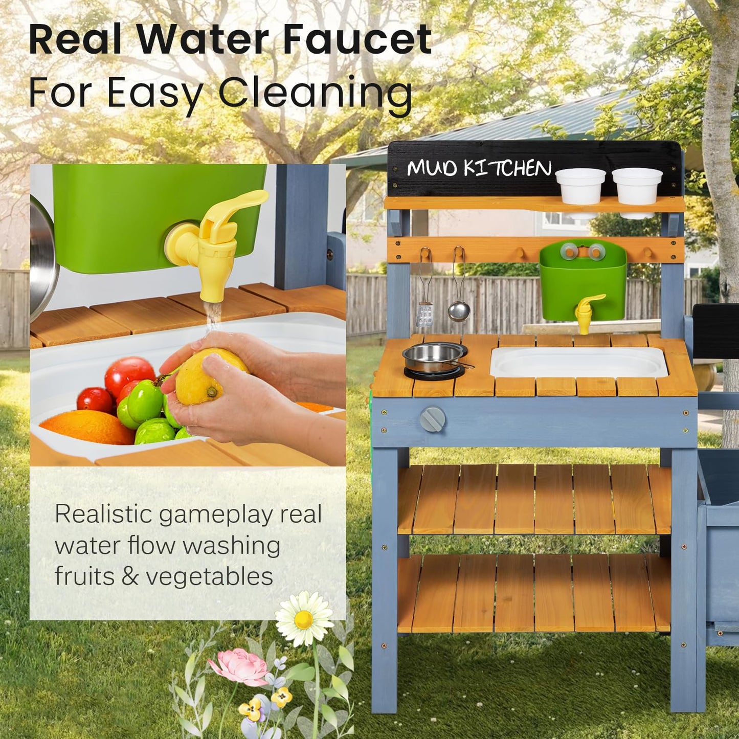 Frogprin Mud Kitchen With Planter Box, Outdoor Play Pretend Kitchen With Stoves, Removable Sink, Faucet, Blackboard, Cooking Acc