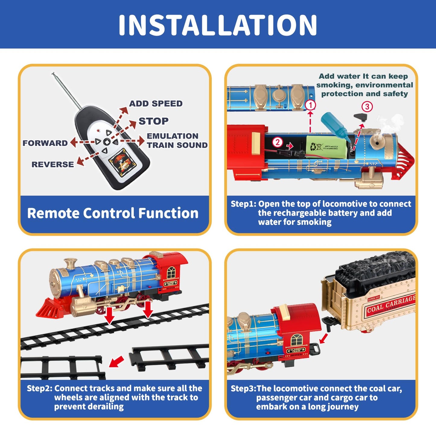 Juqu Train Set For Boys -Remote Control Train Toys-Electric Train W/Smokes, Steam Locomotive W/Lights & Sound, Cargo Car And Tra