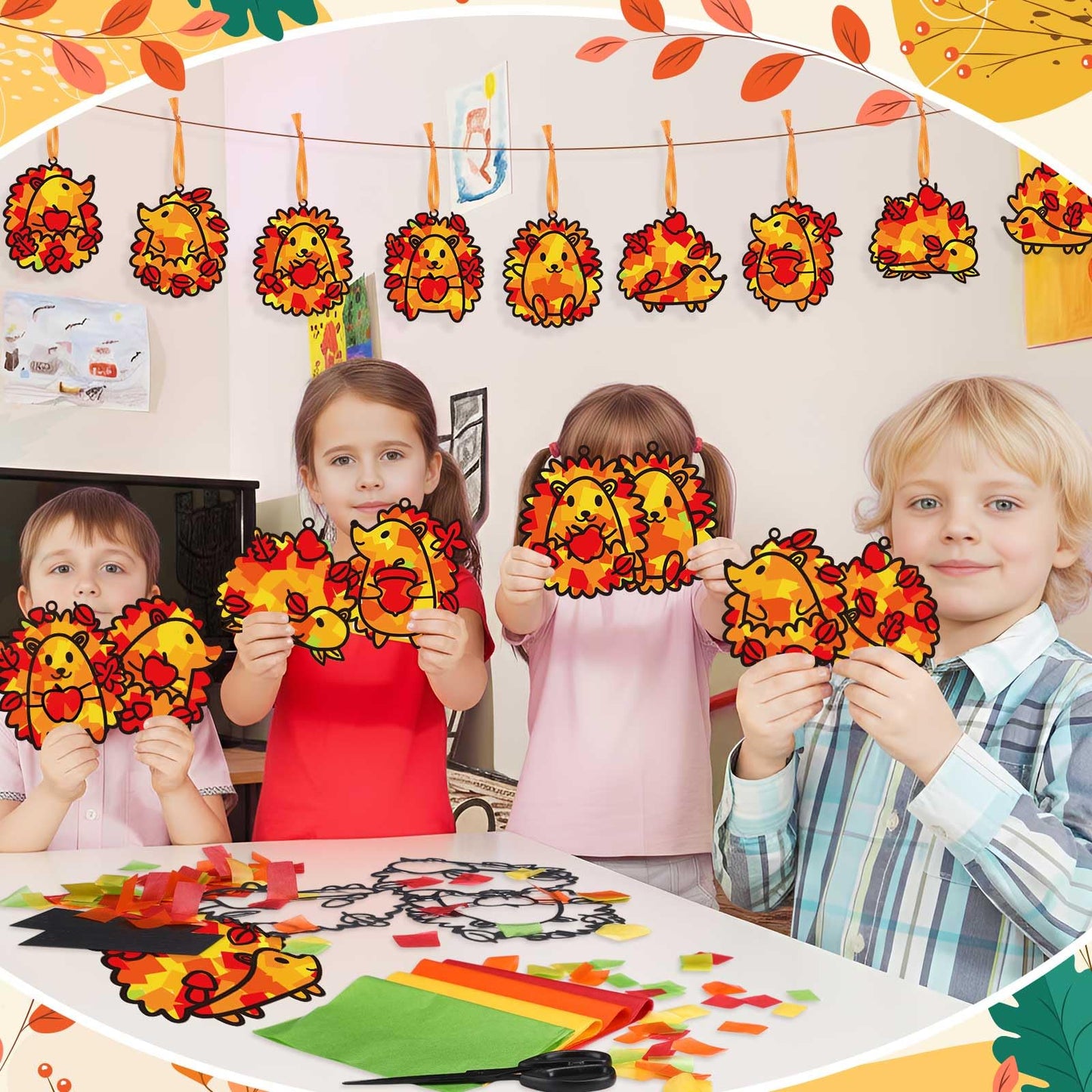 Pajean 36 Sets Fall Crafts Kit DIY Hedgehog Autumn Paper Crafts with Colored Tissue Paper Stickers Hedgehog Suncatcher Hanging O