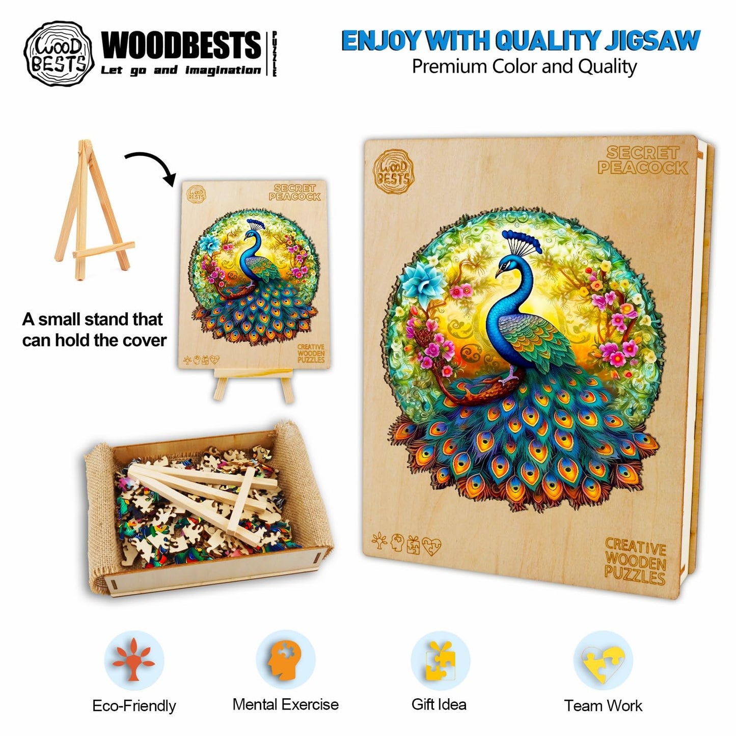 Woodbests Wooden Jigsaw Puzzle For Adults, Mandala Peacock Puzzle (M, 190Pcs, 11.8'X11.1') Beautiful Wooden Box, Puzzle Wood Unique Shape, Birthday Gifts For Adults And Kids Family Game