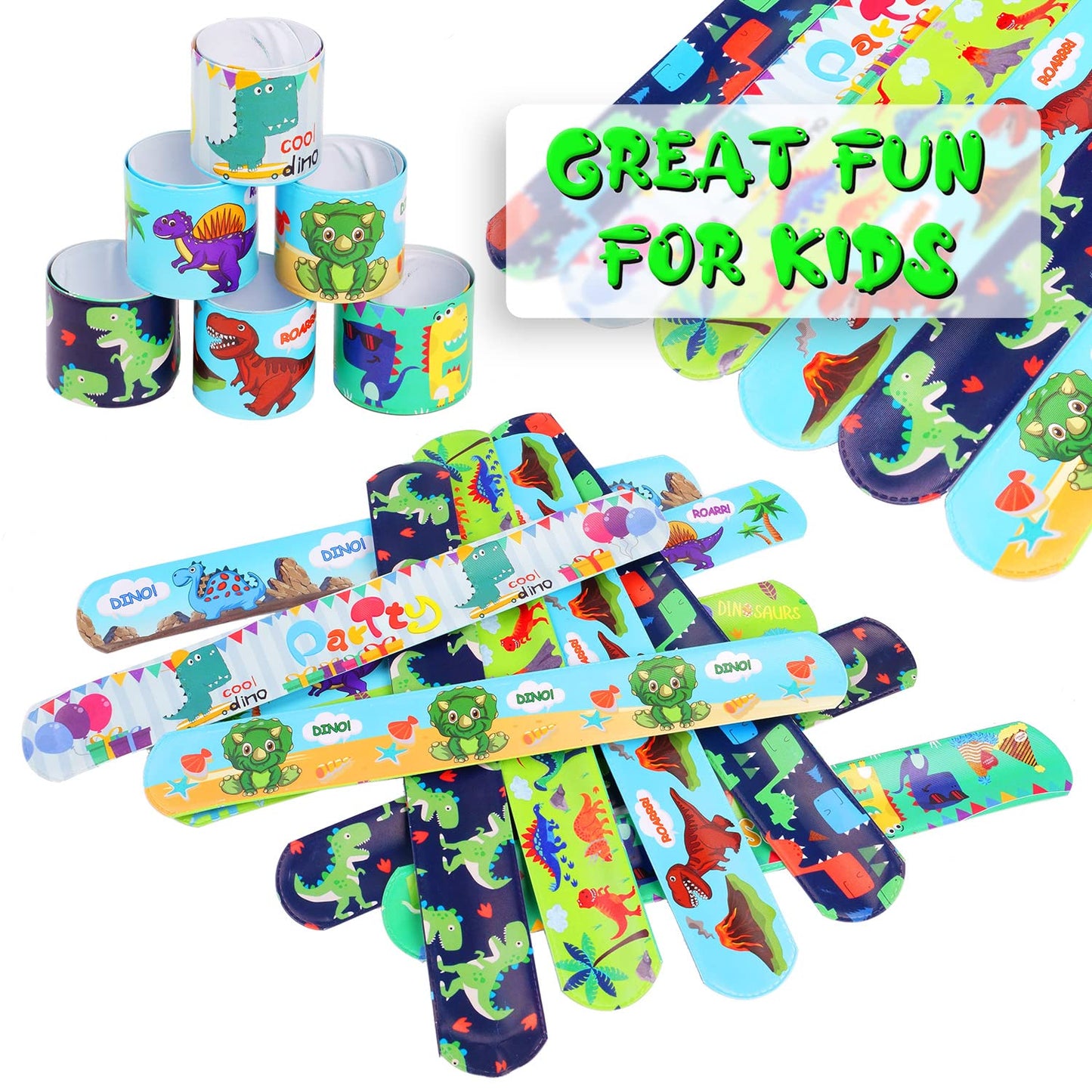 DERAYEE 24 Pcs Dinosaur Slap Bracelets for Kids, Jurassic Forest World theme Snap Bands Toy Gift Party Favor Supplies for Dino P