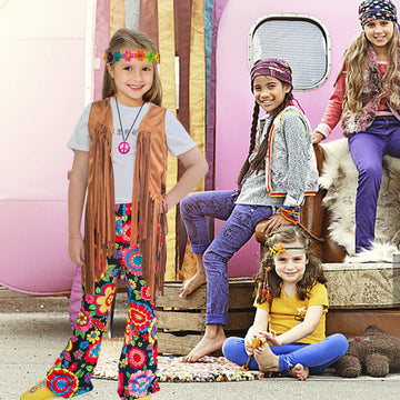 Xonyicos 8 Pcs Girls Kids 60S 70S Hippie Costume Disco Outfits Fringe Vest Boho Bell Bottoms Hippie Outfits Accessories Set (Flo