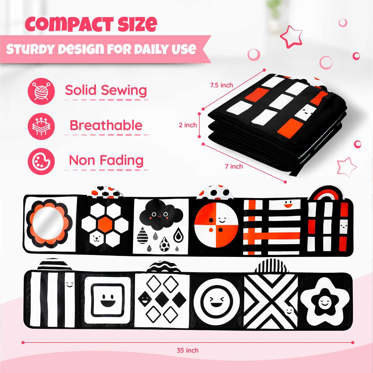 Lalala Baby Black And White Baby Toys - High Contrast Soft Sensory Book With Mirror For Newborn Development, Perfect Tummy Time