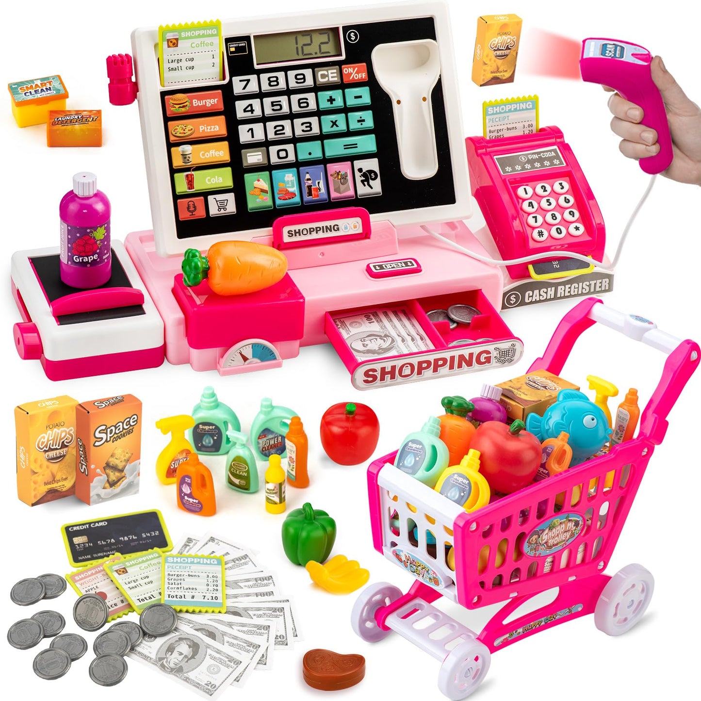 Kids Cash Register Toy with Shopping Cart Toddler Pretend Play Store Cashier Register for Kids with Music / Real Calculator / Sc