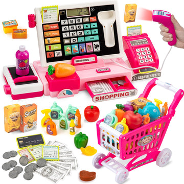 Kids Cash Register Toy with Shopping Cart Toddler Pretend Play Store Cashier Register for Kids with Music / Real Calculator / Sc