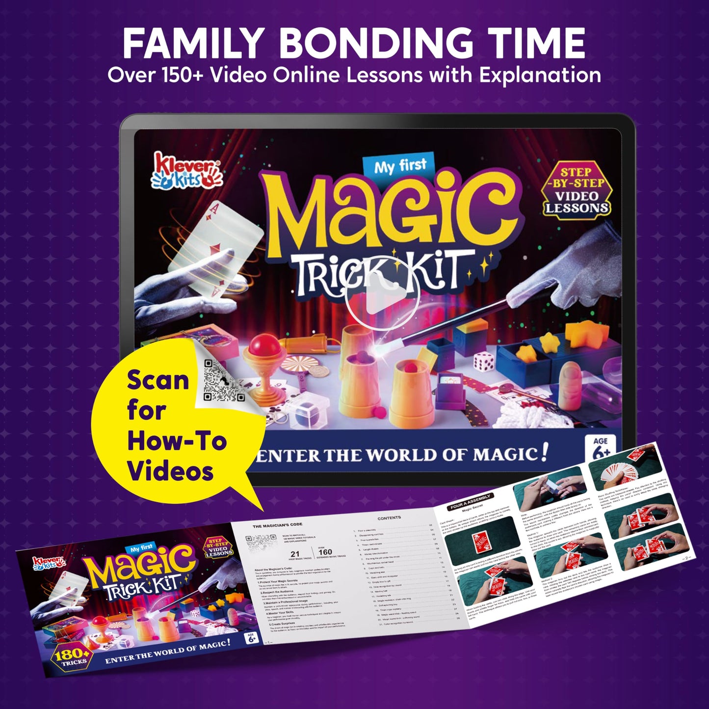 Klever Kits 180+ Magic Set- My First Magic Trick Kit- Amazing Magician Toy with Step-by-Step Video Lessons for Kids Aged 6+ Easy Tricks of Wand and Illusion Cards