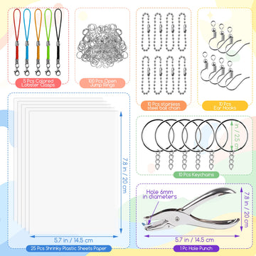 160 Pieces Shrink Paper Kit Shrink Art Kit Including 25 Pieces Shrink Plastic Sheets, 135 Pieces Keychain And Jewelry Accessorie