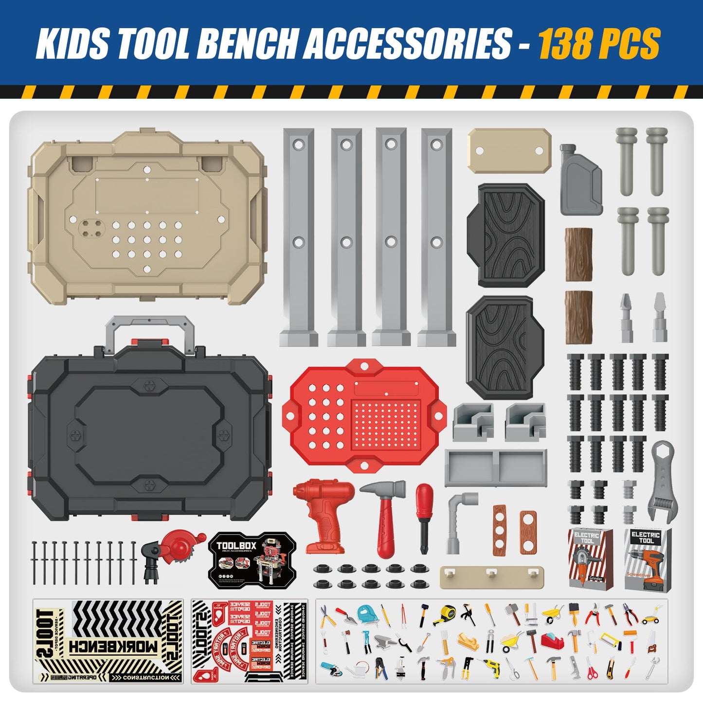 Kids Tool Bench, Kids Tool Set 138 Pieces with Realistic Tools, Electric Drill and Kids Tool Stickers, Toddler Workbench Pretend