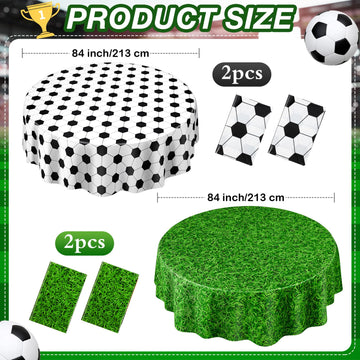 Funnymoom 4 Pack Round Soccer Tablecloth 84 Inch Plastic Soccer Grass Party Decorations Disposable Grass Table Cloth Washable Di