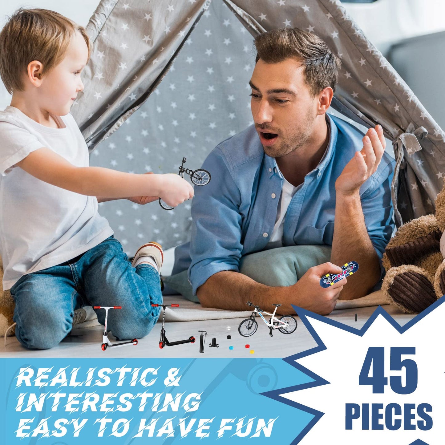 Hanaive 45 Pcs Mini Finger Toys Gift Finger Skateboards Bike Scooter Mini Skate Board Finger Tops Pants Shoes for Boys Girls Party