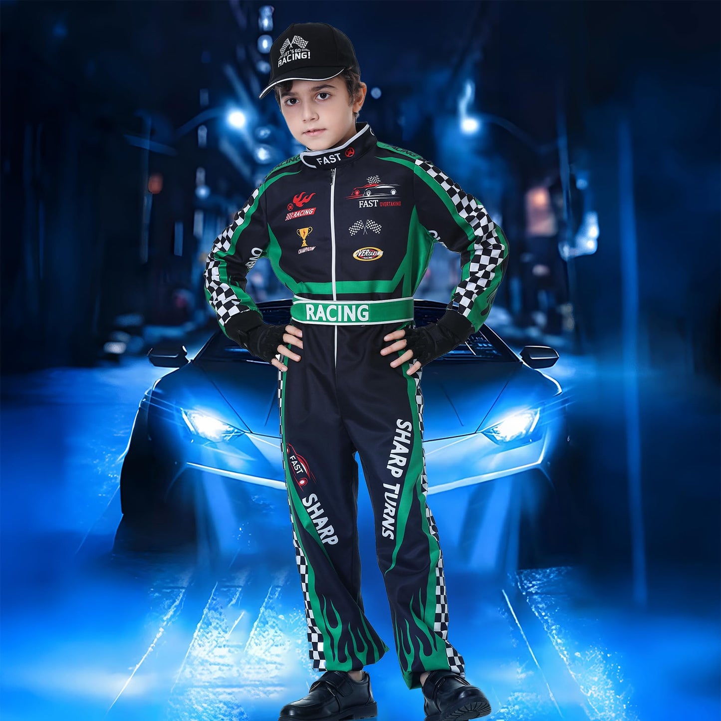 Race Car Driver Costume Boys Racing Suit Kids Racer Jumpsuit Set with Cap Medals Glasses Gloves for Halloween Black