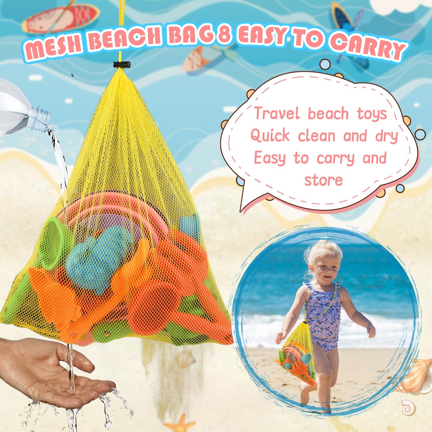 Collapsible Beach Sand Toys for Toddler Sand Toys for Kids 3 Packs Foldable Buckets with Sand Molds,Shovels&Mesh Bag for Beach S