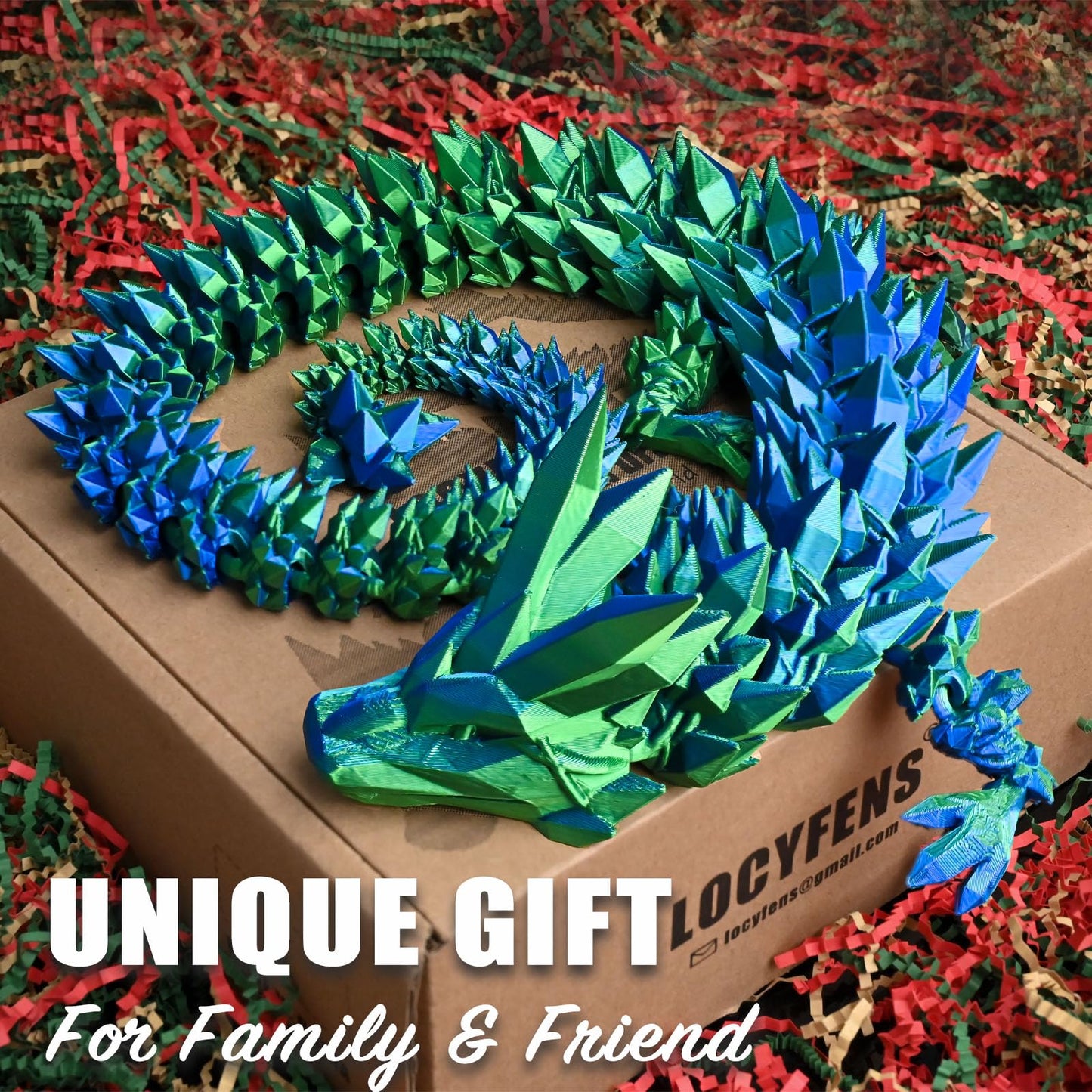 Locyfens Large 30'' 3D Printed Dragon, Articulated 3D Dragon Toys, Long Crystal Dragon Blue Green