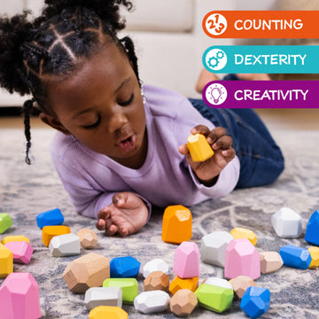 Acorn Avenue 36 Pcs Wooden Bright Earth Color Sorting Stacking Rocks Stones,Sensory Toddler Toys Learning Montessori Toys, Build