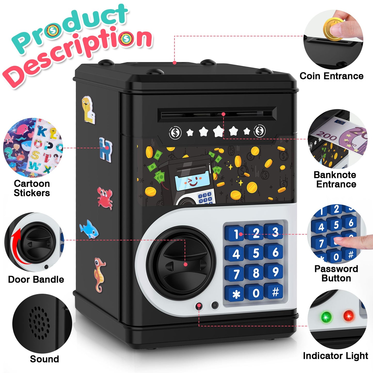 Black Piggy Bank For Kids, Cash Coin Can Atm Bank Electronic Coin Money Bank For Kids-Hot Gift, Great B-Day Xmas Toy Gifts For K