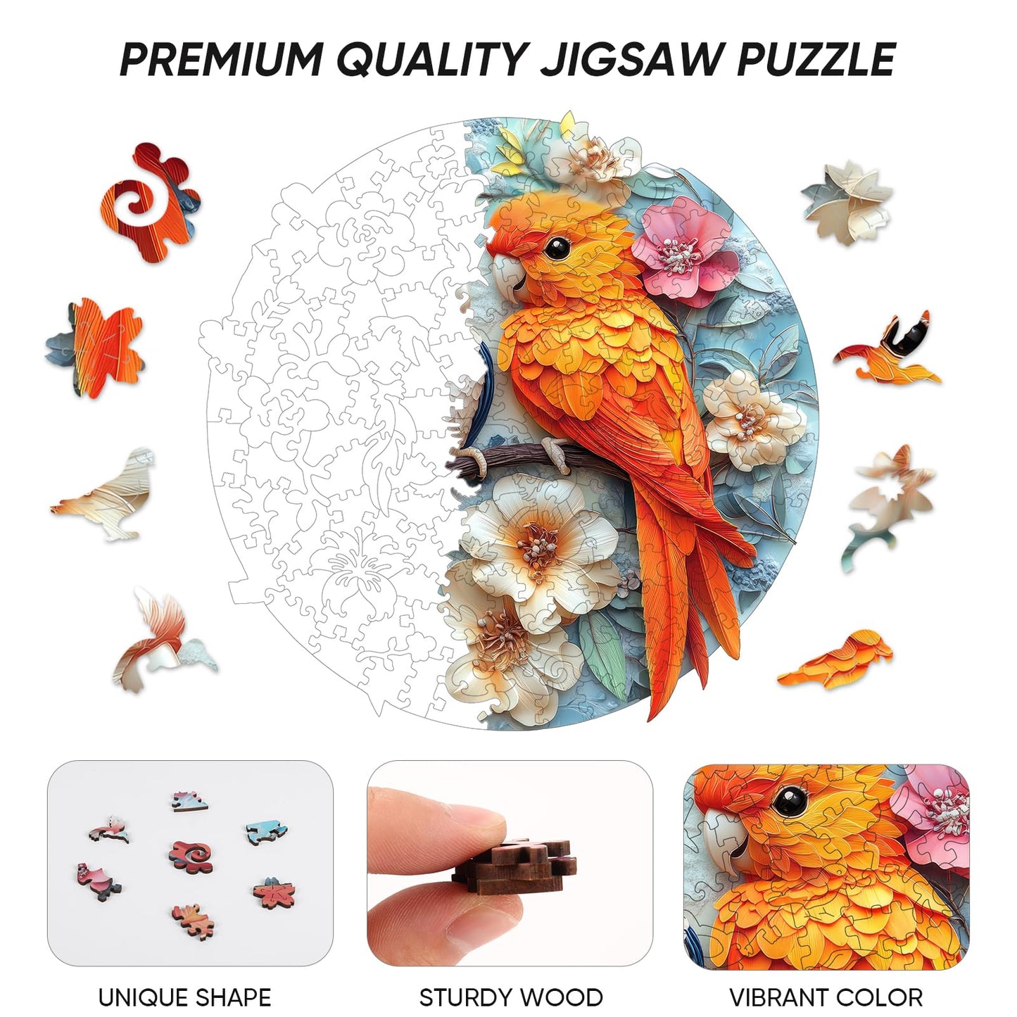 Wooden Puzzles for mature-themeds Parrots Flower Wooden Jigsaw Puzzles 500pcs 16.5x16.9in Royal Unique Shape Animal mature-themed Puzzles Irregular Wood Puzzles Creative Gift for mature-themeds and Kids Family Game