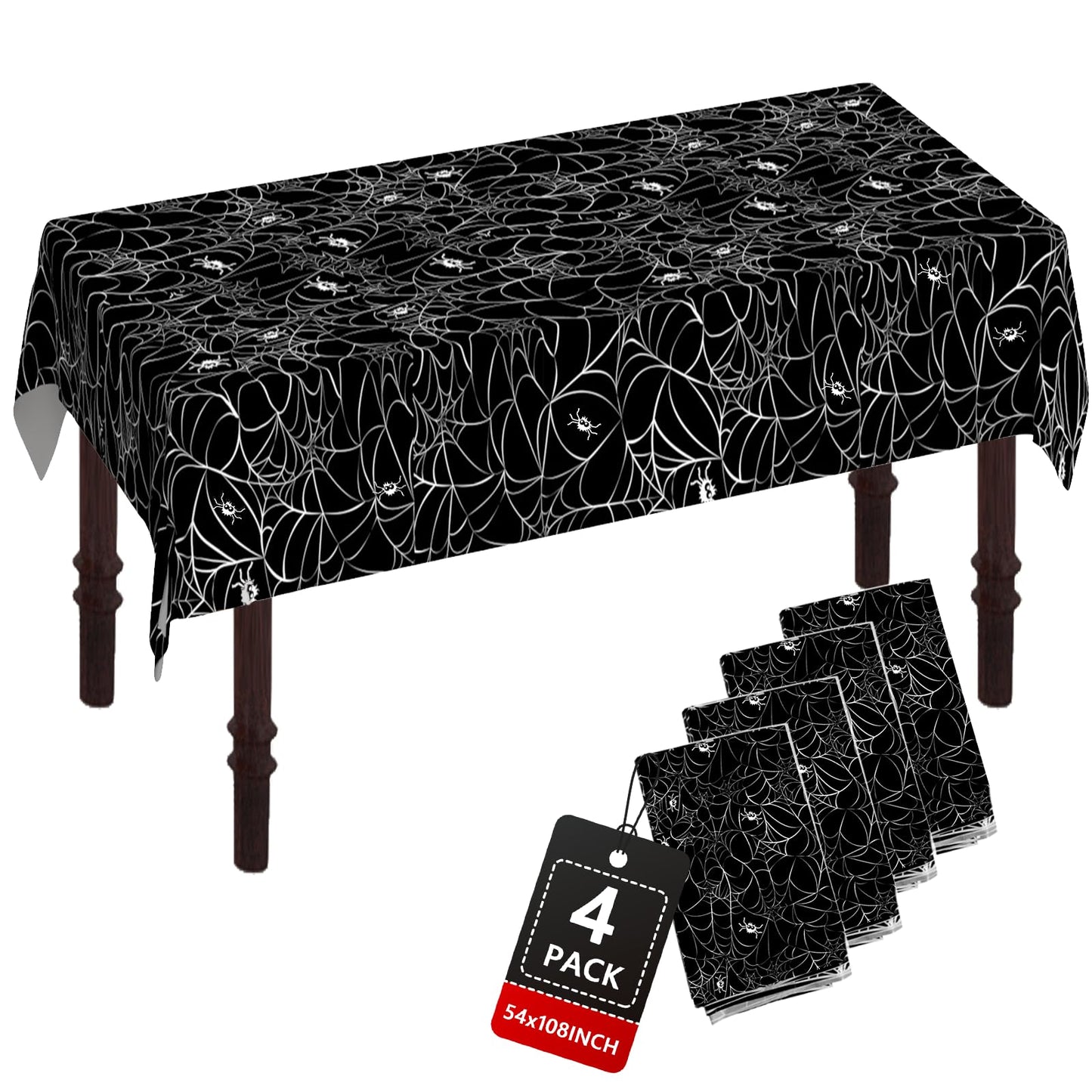 ATFUNSHOP Halloween Tablecloth Plastic 4PACKS 54 X 108 Rectangular Black Spider Web Disposable Table Cover Waterproof Spillproof