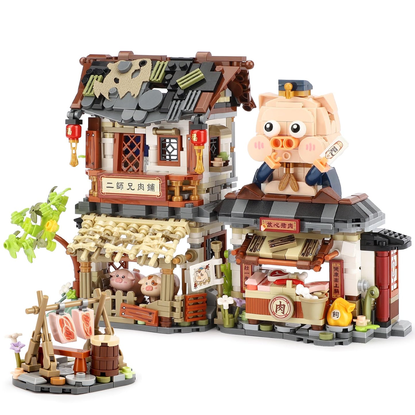 Chinese Street View Butcher Shop Mini Building Blocks, Moc Creative Building Toys Model Set For Girls 6-12 Years Old, 1105 Pcs S